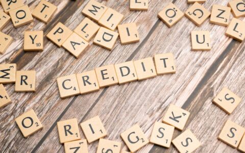 Wooden letter tiles arranged to spell 'CREDIT' on a rustic table background.